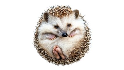 Hedgehog curled up on white background