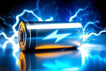 Futuristic energy tech concept. Advanced lithium ion battery with high voltage charging. Neon blue lightning surrounds modern battery. Powerful energy storage illustration