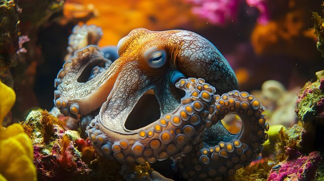 A shy octopus hiding in a coral reef