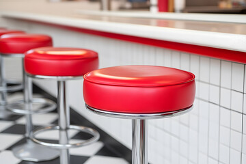 Retro Diner Seating: A row of vibrant red stools line a classic diner counter, evoking a sense of nostalgia and timeless charm.