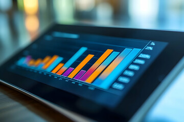 Digital tablet displaying a rising bar graph, symbolizing business growth, financial success, and economic stability