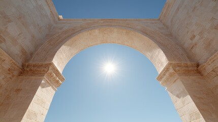 Obraz premium Sun shining through stone archway, clear sky. Architectural background, travel photography