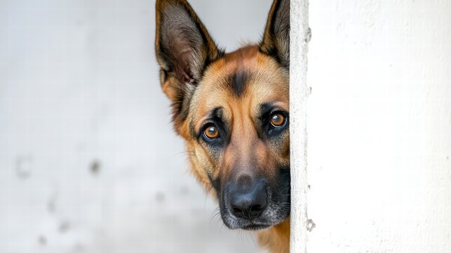 German Shepherd's Curious Gaze: A close-up shot of a German Shepherd peeking around the corner, its intelligent eyes conveying curiosity and alertness.