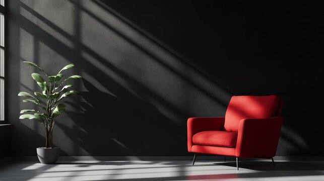 Modern living room featuring a minimalist design with a red accent armchair