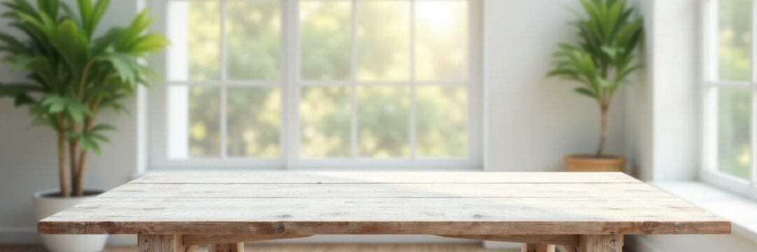 Fototapeta Whitewashed wood table, large window, bright light, empty space, light, window
