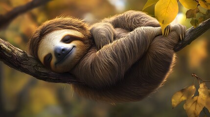 Fototapeta premium A sloth hanging on a branch and sleeping
