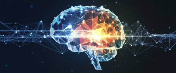 A polygonal brain illuminated with bright colors, showcasing the fusion of technology, artificial intelligence, and cognitive processes, symbolizing innovation and creativity