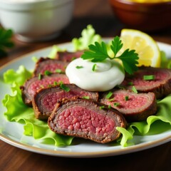 Sliced steak served on a bed of shredded lettuce and sour cream sauce, garnished with parsley, comforting, dinner