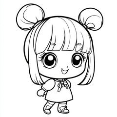 Obraz premium Adorable Anime Girl: A cute anime-style girl with large eyes, twin buns, and a cheerful expression. Perfect for coloring pages, children's books, or digital art projects.