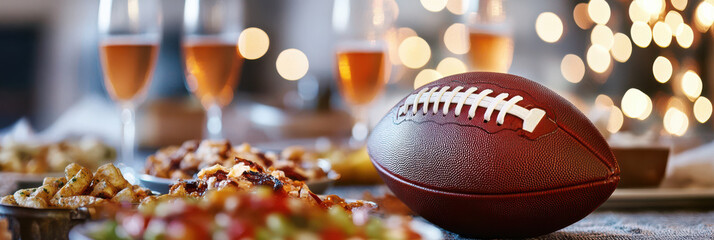 American football on a table with food and drink set up for a party, with a blurred background