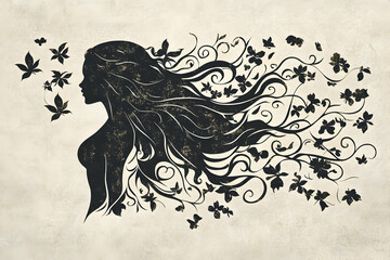 Elegant silhouette of a person with flowing hair and floral accents, symbolizing beauty and grace