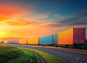 Fototapeta premium As the sun sets, two freight trains hauling colorful containers converge on adjacent railroad tracks, crafting a vivid scene of global trade and transit