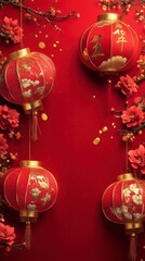 Red Lanterns and Blossoms: A vibrant tableau of red Chinese lanterns adorned with gold embellishments and delicate cherry blossoms against a scarlet backdrop.  The festive imagery evokes joy.