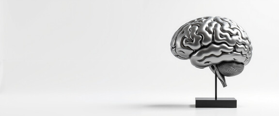 Stylish metallic brain sculpture representing innovation and creativity with a sleek modern design on a minimal white background
