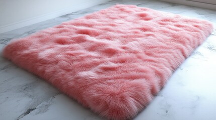 Rectangular fluffy rug in soft pastel coral color for minimalistic decor
