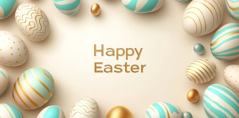 Happy Easter template featuring eggs, pearls, and confetti on a gold dotted background. Modern illustration suitable for invitations, cards, menus, flyers, banners, posters, and vouchers