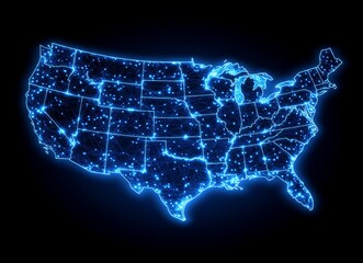 A radiant digital map of the United States, featuring states outlined in vivid blue and orange, materializes from a field of data streams, representing technological innovation and national unity