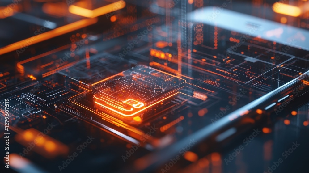 Poster orange glowing cpu processing and protecting sensitive data on futuristic circuit board with transpa