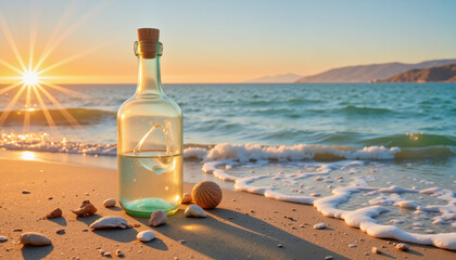 Shattered glass bottle on sandy beach at sunrise, theme of renewal