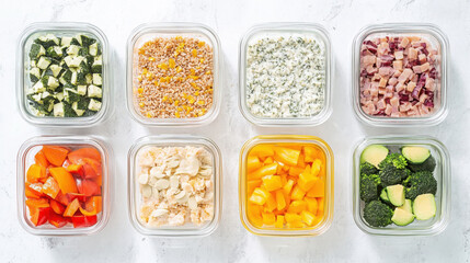 Keto meal prep containers for a busy weekday routine featuring assorted healthy ingredients