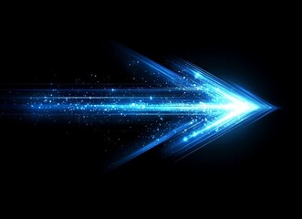 Against a pitch-black backdrop, a vivid blue arrow formed by parallel light streaks points right. The design is sleek, modern, and lively
