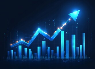 The blue arrow glows as it ascends, signifying growth and progress. Embedded within its path is a futuristic cityscape, illustrating technological advancement and urban development