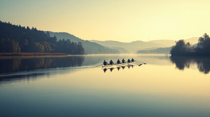 Rowing Team on Calm Lake at Sunrise