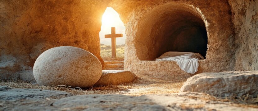 Crucifixion and Resurrection. The empty tomb of Jesus set against a backdrop of crosses. An Easter or Resurrection theme. He has risen. Happy Easter