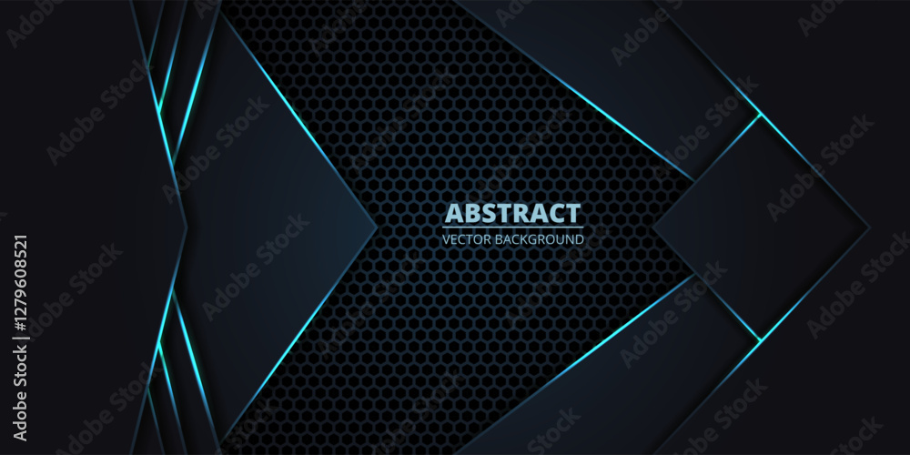 Poster Dark abstract vector background with hexagon grid and blue luminous lines. Technology futuristic background with honeycomb grid and carbon fiber.