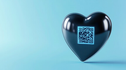 Digital love concept with floating metallic heart and qr code for technological romance