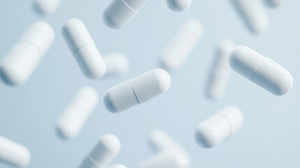 Floating white capsules in mid air on light background for pharmaceutical design