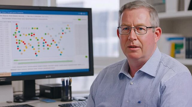 Male scientist analyzing genetic data on a computer screen in a modern laboratory office. Expert researcher working on bioinformatics and DNA sequencing for scientific discoveries.