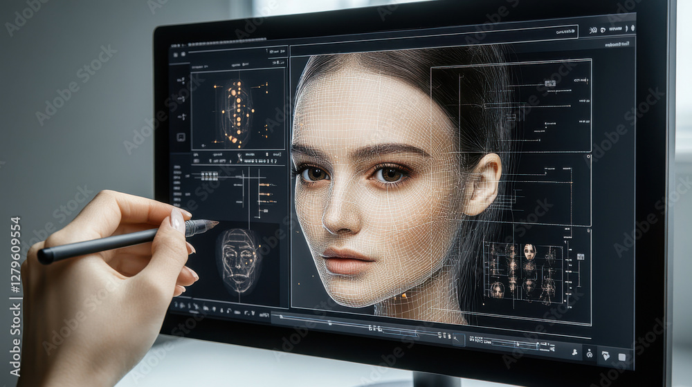 Poster digital facial recognition software interface with female model on high-resolution monitor display