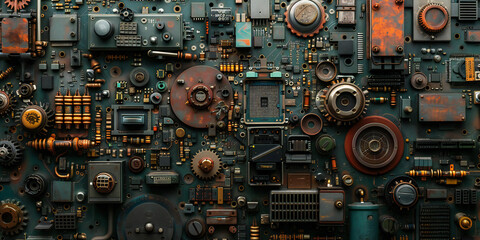 Retro-Futuristic Bundle of Graphic Elements with Neon Lights, Space Age Icons, Retro-Glam Patterns, and Analog Circuitry for Sci-Fi Design