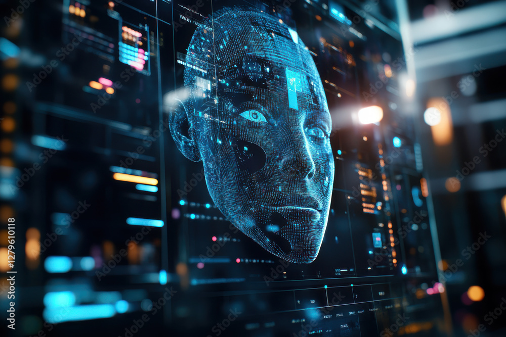 Aufkleber futuristic digital human face with data visualization in high-tech interface and artificial intellig
