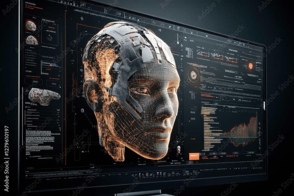 Poster futuristic digital interface displaying human face ai data and analytics on screen