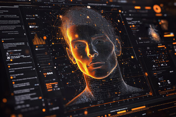 Futuristic digital human interface display with data visualization and neon highlights