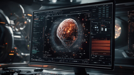Obraz premium Detailed neural network analysis on futuristic computer screen in high-tech lab setting