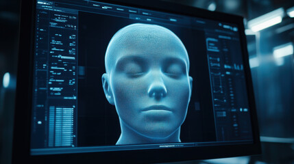 Computer screen displaying digital human face wireframe in dark room with data panels