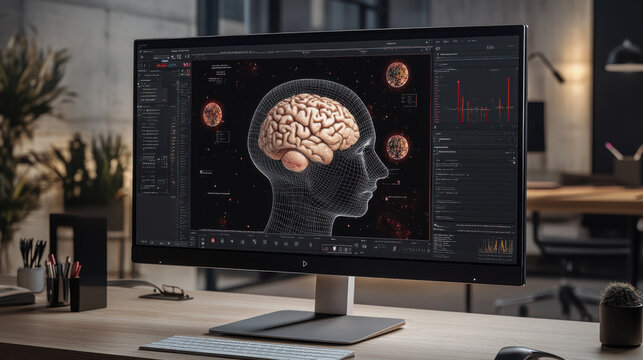 Cutting-edge neuroscience software displayed on monitor in modern office setting with brain visualization