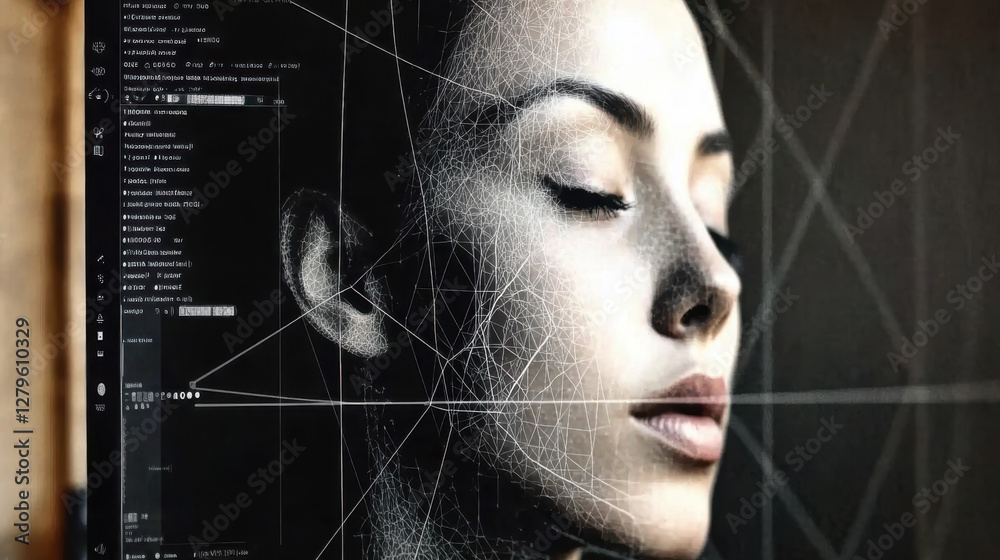 Poster digital face mapping in 3d modeling software with female portrait and geometric lines