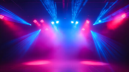 Red and blue laser light for concert background. Dance party event with lazer circle design for dj. Night strobe performance with sparkle and steam. Realistic nightlife bg. Vibrant virtual technology