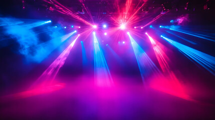 Red and blue laser light for concert background. Dance party event with lazer circle design for dj. Night strobe performance with sparkle and steam. Realistic nightlife bg. Vibrant virtual technology