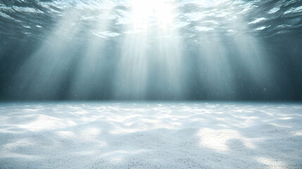 Underwater sunbeams illuminating ocean floor sand