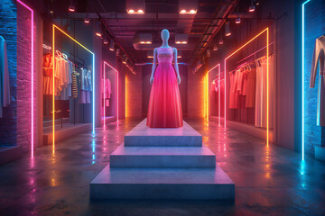 Innovative Digital Fashion Display Featuring Holographic Mannequin and 3D Rendering in High-End Retail Setting