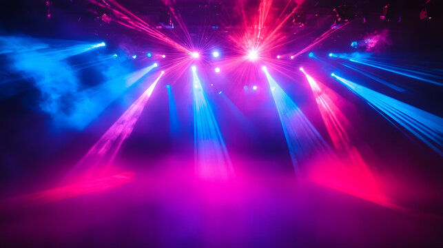 Red and blue laser light for concert background. Dance party event with lazer circle design for dj. Night strobe performance with sparkle and steam. Realistic nightlife bg. Vibrant virtual technology