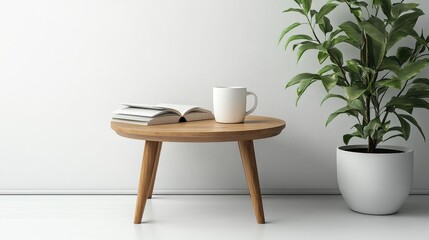 Small round side table with coffee and book against white background