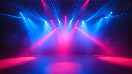 Red and blue laser light for concert background. Dance party event with lazer circle design for dj. Night strobe performance with sparkle and steam. Realistic nightlife bg. Vibrant virtual technology
