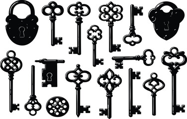 A collection of vintage skeleton keys in various antique designs