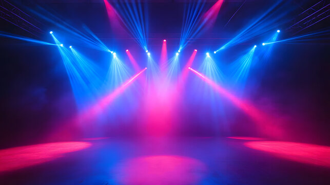 Red and blue laser light for concert background. Dance party event with lazer circle design for dj. Night strobe performance with sparkle and steam. Realistic nightlife bg. Vibrant virtual technology